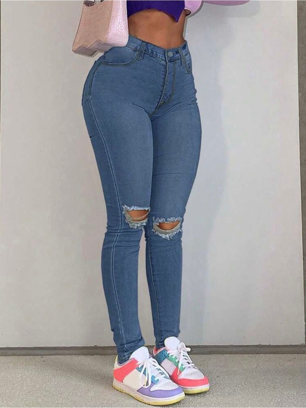 High-Rise Blue Skinny Jeans with Knee Rips